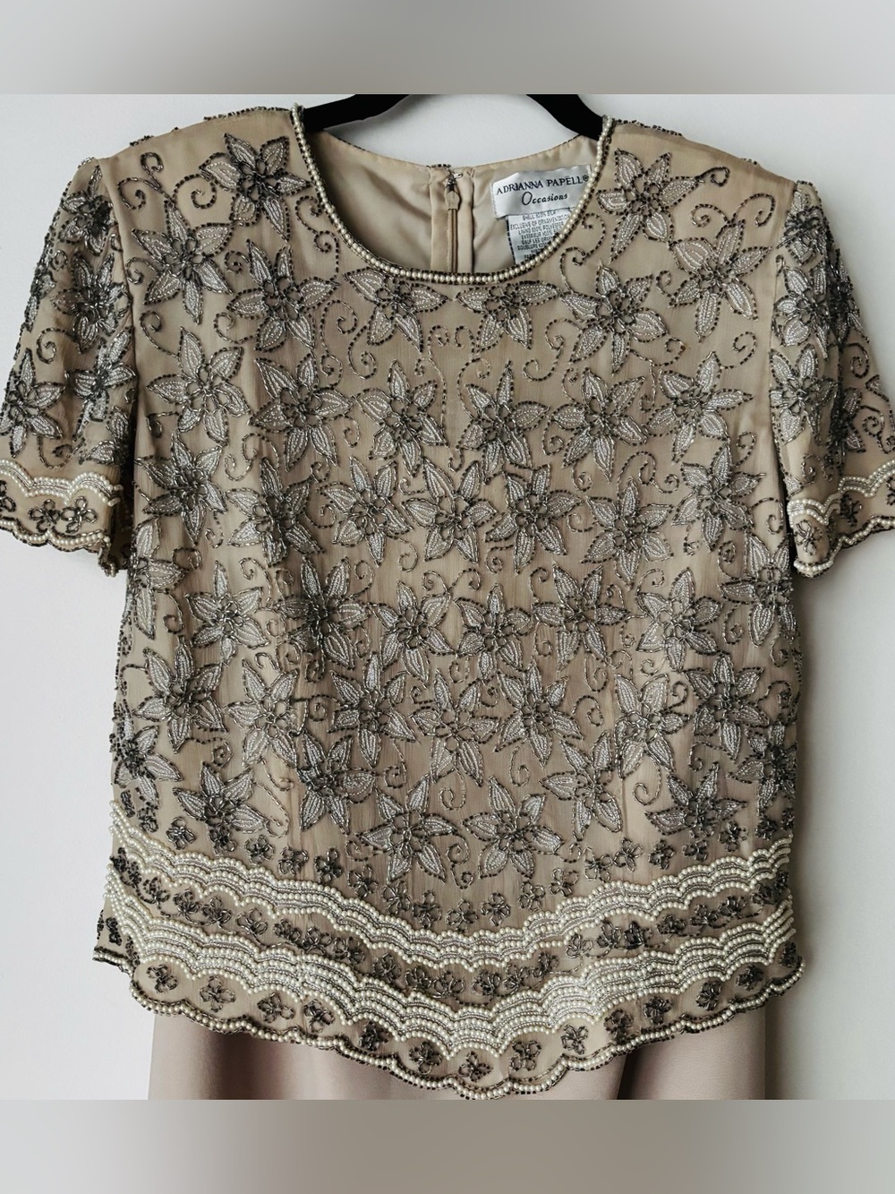 Adrianna Papell Taupe Beaded Floral Overlay Blouse